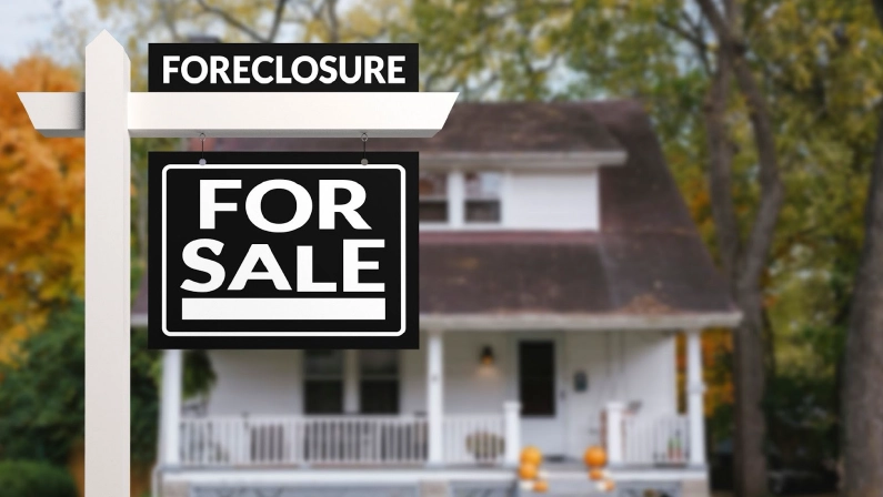 Black Foreclosure Home For Sale Real Estate Sign in front of an quaint countryside home.